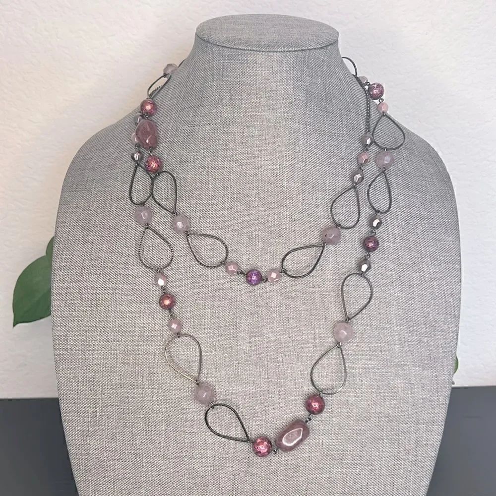 Teardrop Metal Link and Beaded Long Necklace